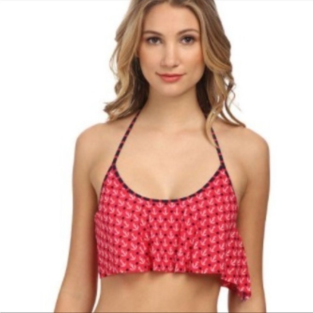 SPERRY FIRST MATE NAUTICAL ANCHOR RED WHITE BLUE RUFFLE BIKINI TOP L